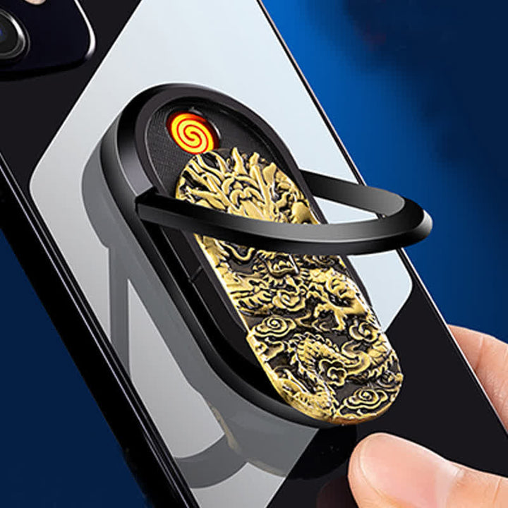 Support de téléphone Dragon Tiger avec anneau et boucle, briquet électrique rechargeable