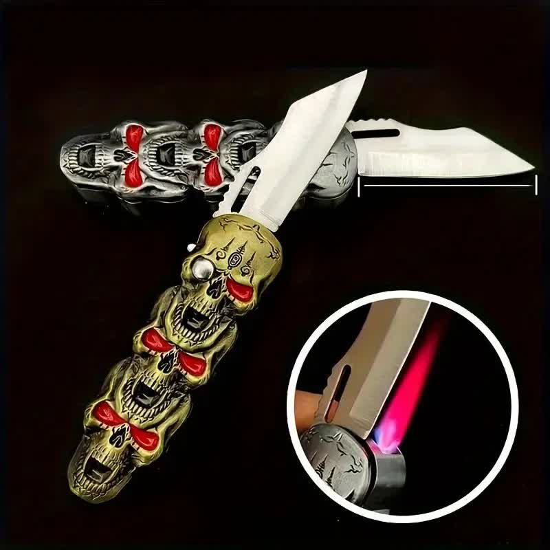Briquet butane rechargeable à triple tête de mort avec couteau - image 1