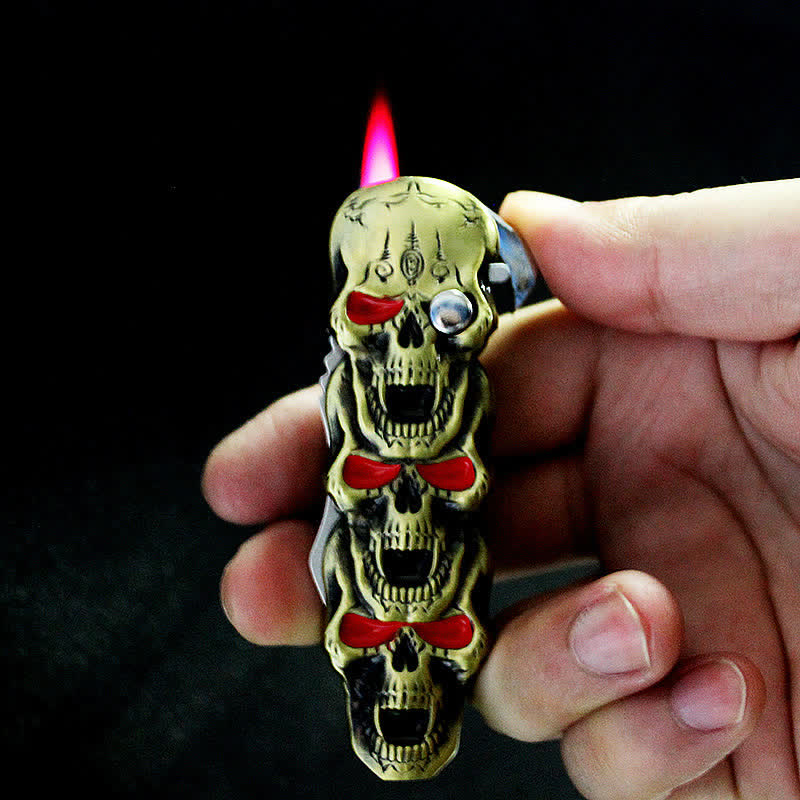 Briquet butane rechargeable à triple tête de mort avec couteau - image 2