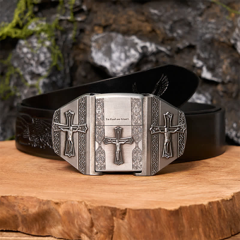 Ceinture en cuir pour homme avec croix de Jésus et briquet caché - Croix - Ceinture noire avec aigle en relief - 42 - image 4