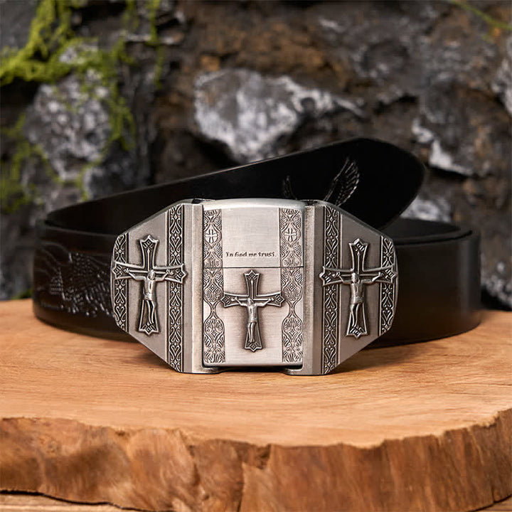 Ceinture en cuir pour homme avec croix de Jésus et briquet caché - Croix - Ceinture noire avec aigle en relief - 42 - image 4