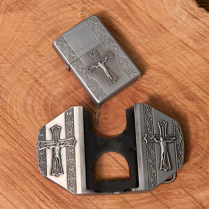 Ceinture en cuir pour homme avec croix de Jésus et briquet caché