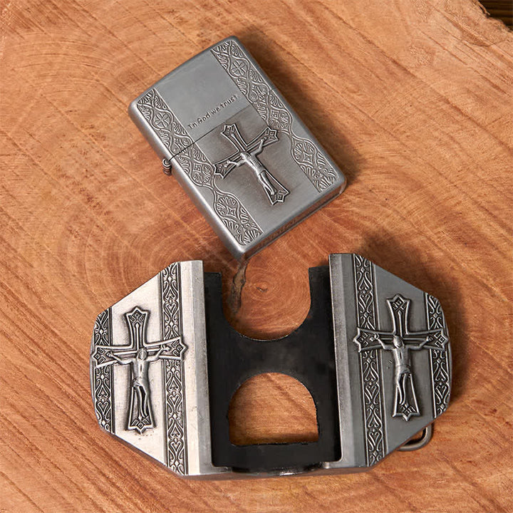 Ceinture en cuir pour homme avec croix de Jésus et briquet caché