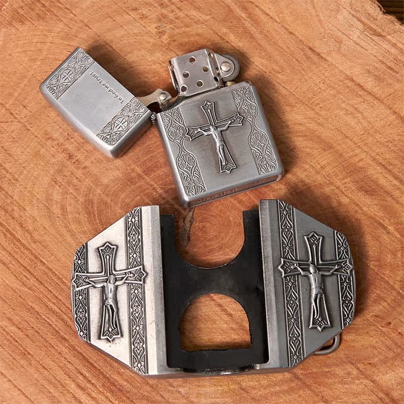 Ceinture en cuir pour homme avec croix de Jésus et briquet caché