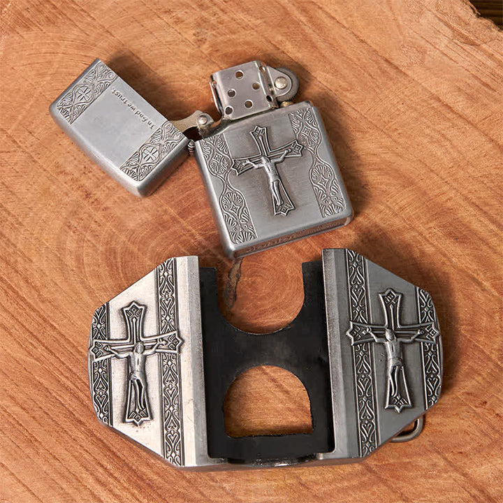Ceinture en cuir pour homme avec croix de Jésus et briquet caché