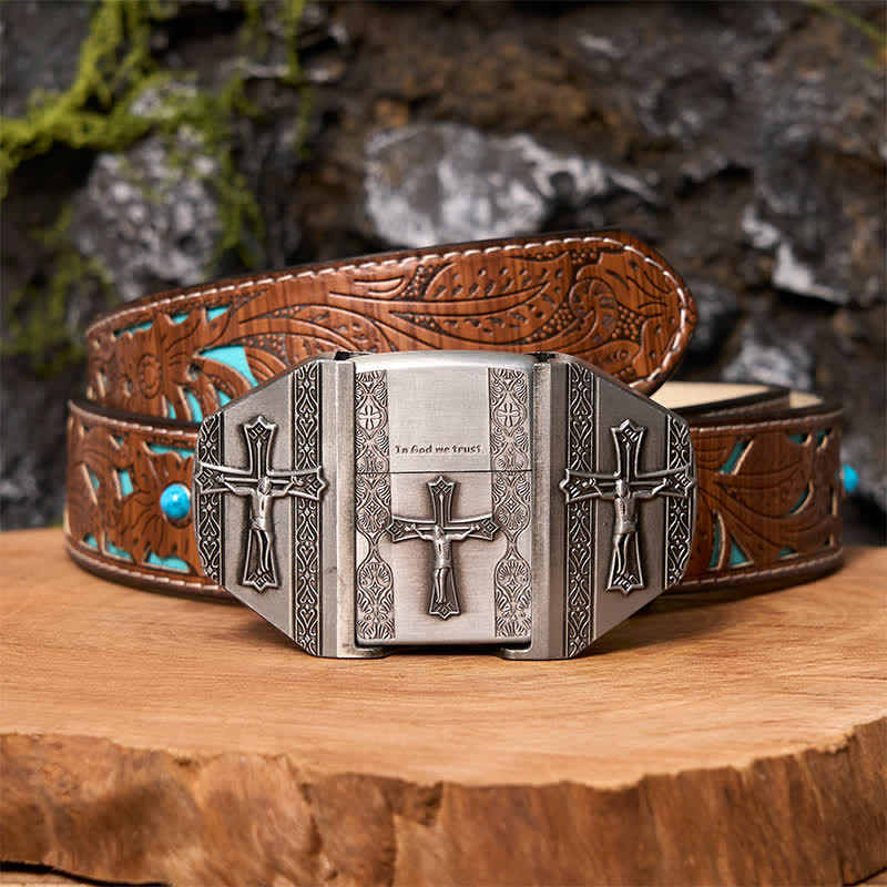 Ceinture en cuir pour homme avec croix de Jésus et briquet caché