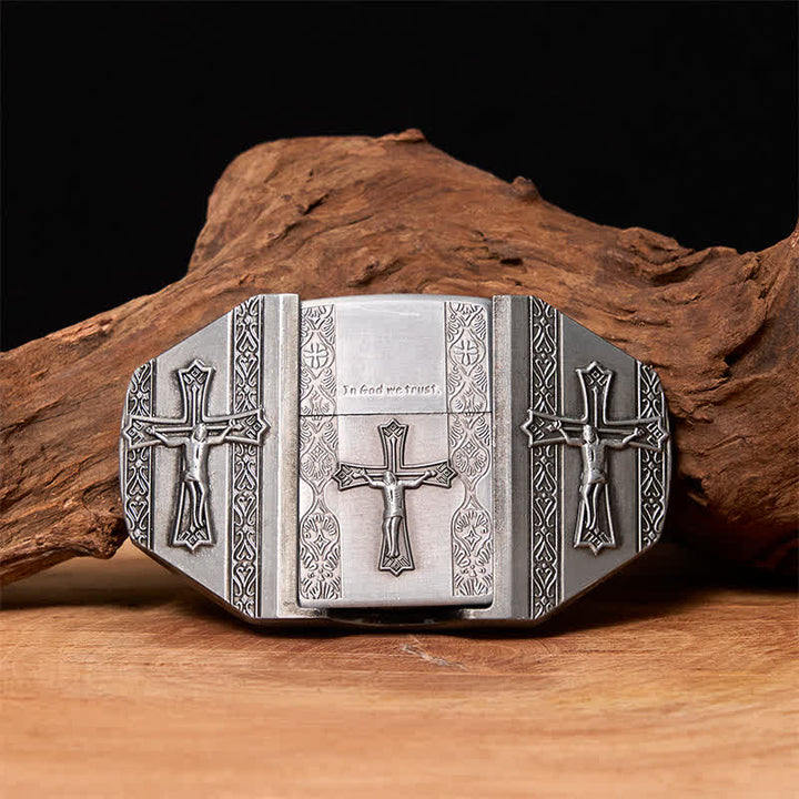 Ceinture en cuir pour homme avec croix de Jésus et briquet caché