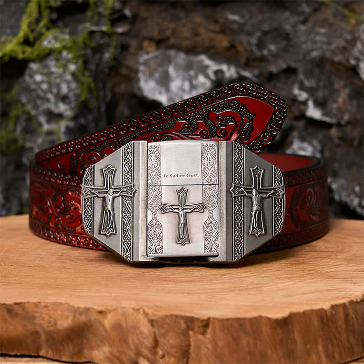 Ceinture en cuir pour homme avec croix de Jésus et briquet caché - Croix - Ceinture marron sculptée - 42 - image 8
