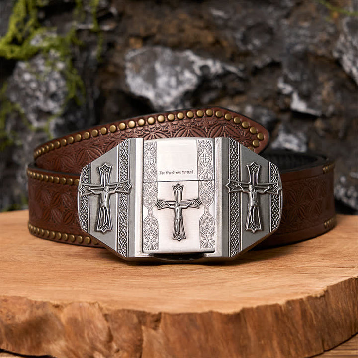 Ceinture en cuir pour homme avec croix de Jésus et briquet caché - Croix - Ceinture à rivets marron - 42 - image 6