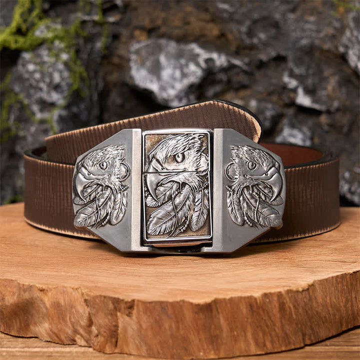 Ceinture en cuir argentée à triple aigle pour homme avec briquet dissimulé
