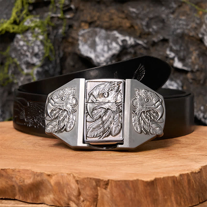 Ceinture en cuir argentée à triple aigle pour homme avec briquet dissimulé