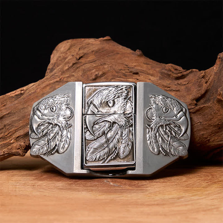 Ceinture en cuir argentée à triple aigle pour homme avec briquet dissimulé