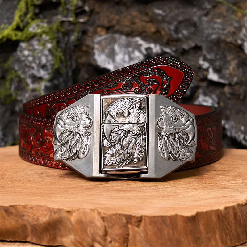Ceinture en cuir argentée à triple aigle pour homme avec briquet dissimulé