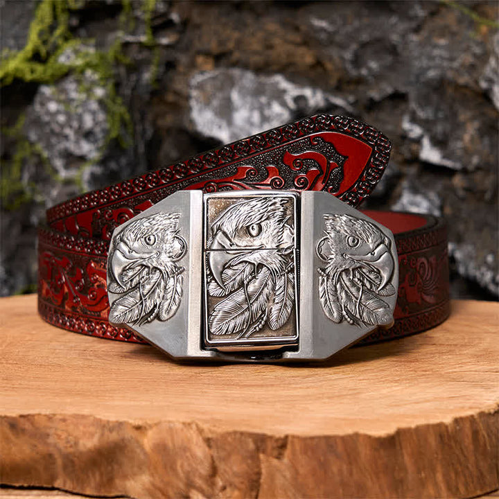 Ceinture en cuir argentée à triple aigle pour homme avec briquet dissimulé