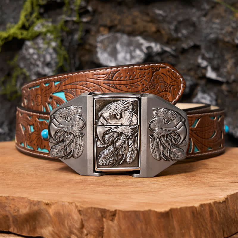 Ceinture en cuir argentée à triple aigle pour homme avec briquet dissimulé
