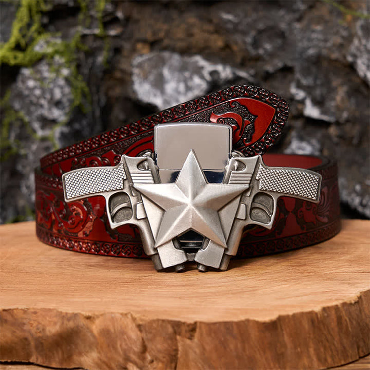 Ceinture en cuir pour homme avec double pistolet et étoile et briquet caché - Pistolets doubles - Ceinture marron sculptée - 42 - image 8