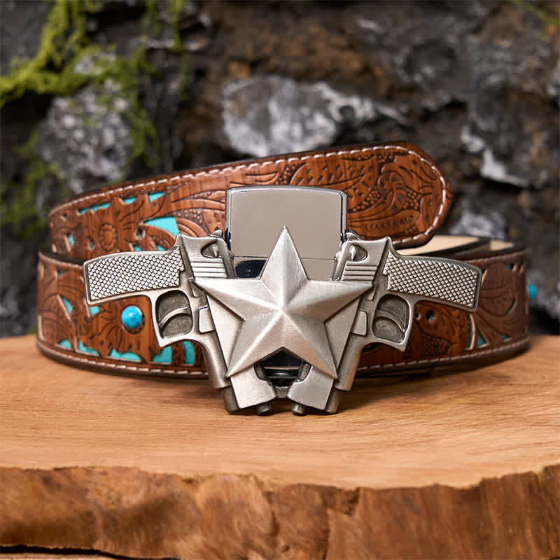 Ceinture en cuir pour homme avec double pistolet et étoile et briquet caché