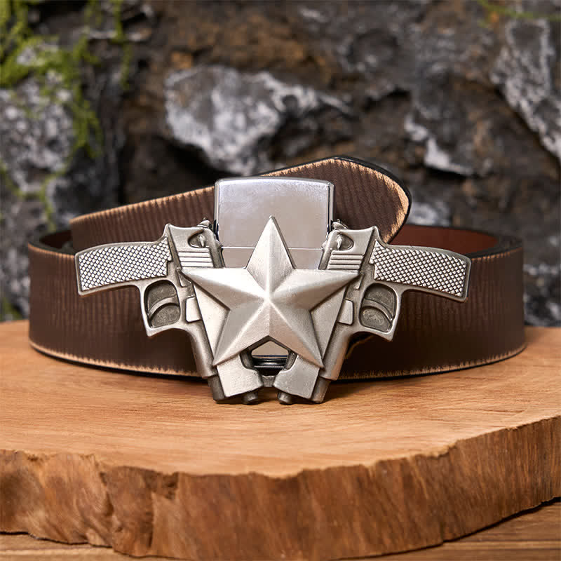 Ceinture en cuir pour homme avec double pistolet et étoile et briquet caché - Pistolets doubles - Ceinture marron vieillie - 42 - image 7