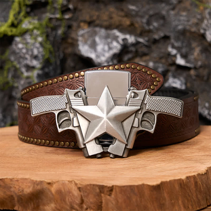Ceinture en cuir pour homme avec double pistolet et étoile et briquet caché - Pistolets doubles - Ceinture à rivets marron - 42 - image 6