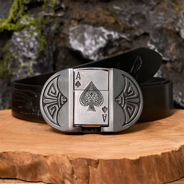 Ceinture en cuir pour homme Lucky ACE Poker avec briquet caché - Poker - Ceinture noire avec aigle en relief - 42 - image 4