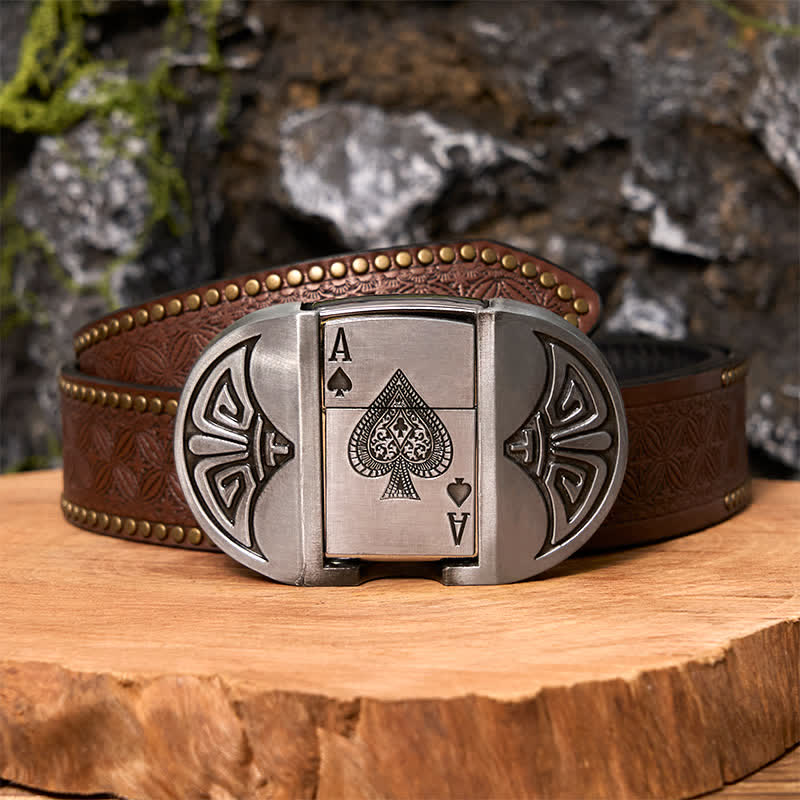 Ceinture en cuir pour homme Lucky ACE Poker avec briquet caché - Poker - Ceinture à rivets marron - 42 - image 6