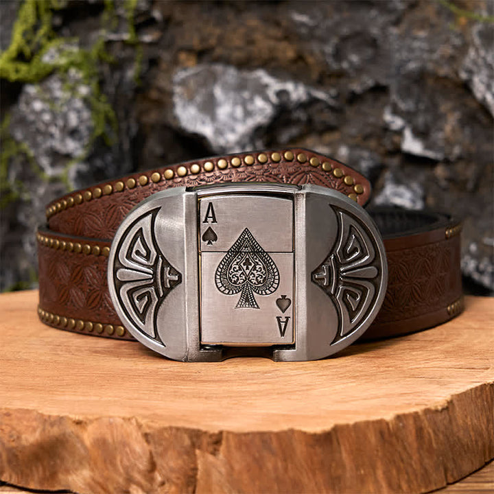 Ceinture en cuir pour homme Lucky ACE Poker avec briquet caché - Poker - Ceinture à rivets marron - 42 - image 6