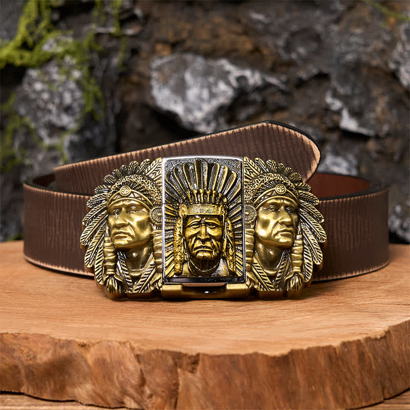 Ceinture en cuir pour homme avec tête de chef indien et briquet caché