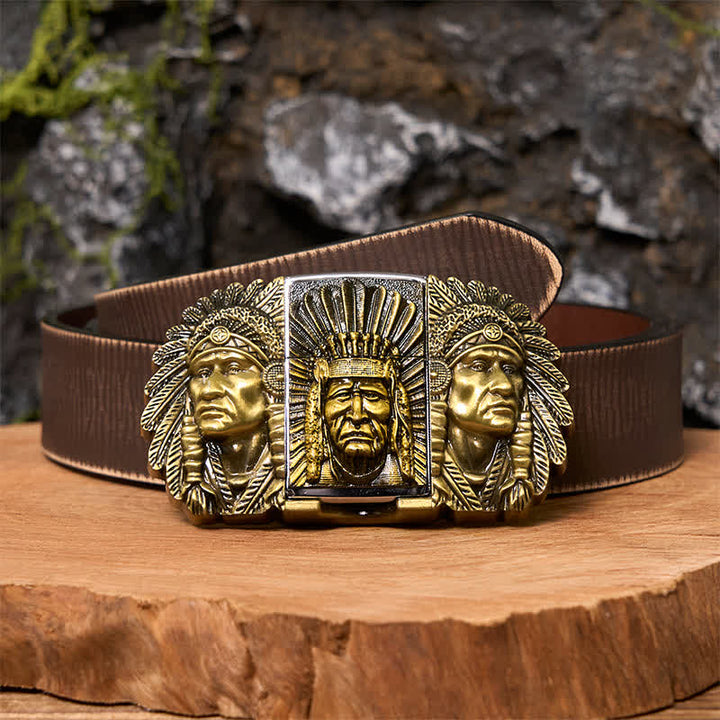 Ceinture en cuir pour homme avec tête de chef indien et briquet caché