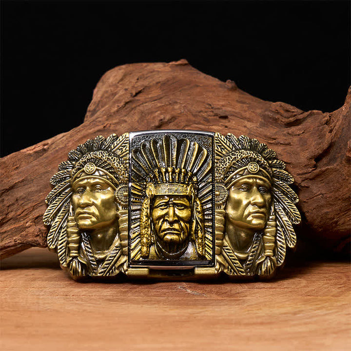 Ceinture en cuir pour homme avec tête de chef indien et briquet caché