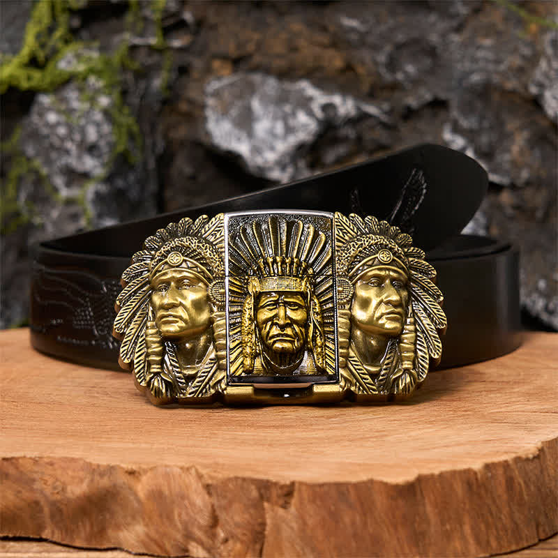 Ceinture en cuir pour homme avec tête de chef indien et briquet caché