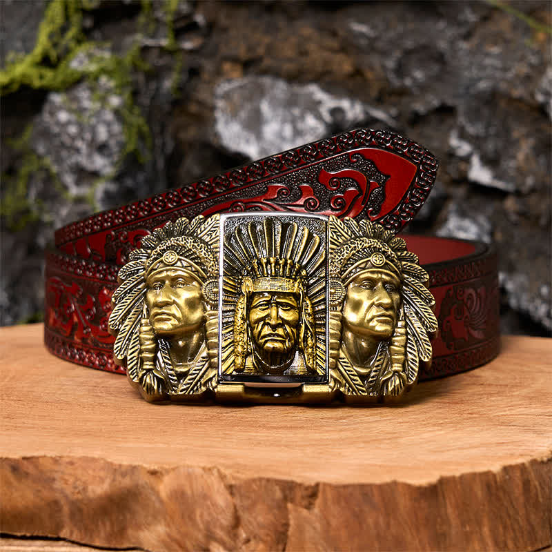 Ceinture en cuir pour homme avec tête de chef indien et briquet caché