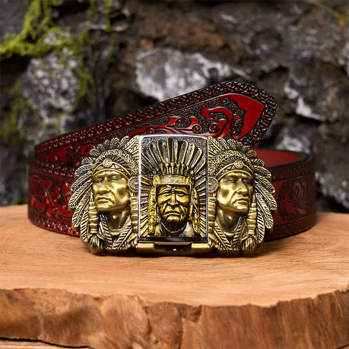 Ceinture en cuir pour homme avec tête de chef indien et briquet caché