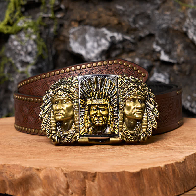 Ceinture en cuir pour homme avec tête de chef indien et briquet caché