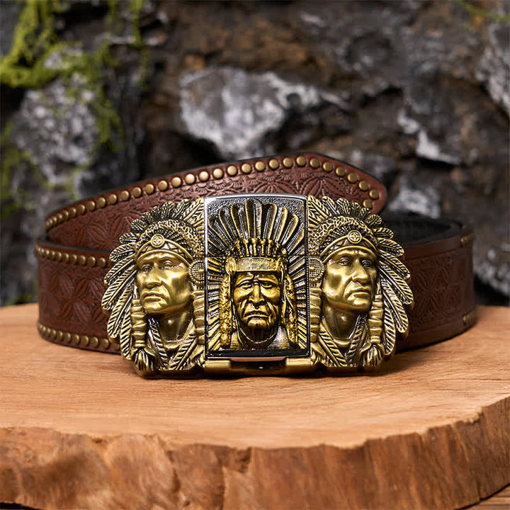 Ceinture en cuir pour homme avec tête de chef indien et briquet caché