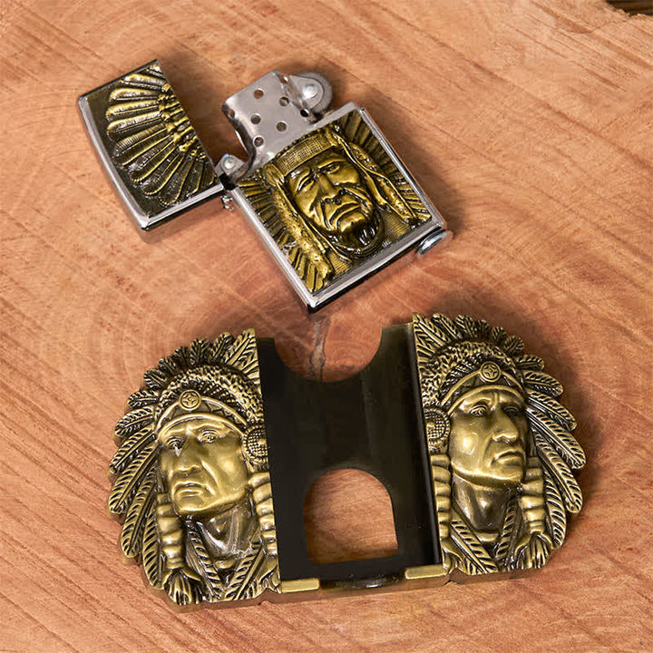Ceinture en cuir pour homme avec tête de chef indien et briquet caché