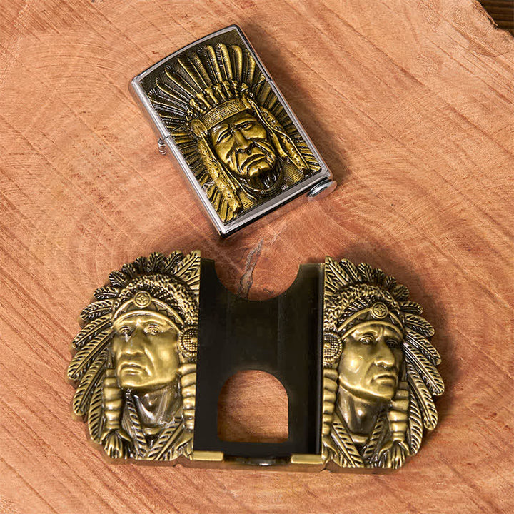 Ceinture en cuir pour homme avec tête de chef indien et briquet caché