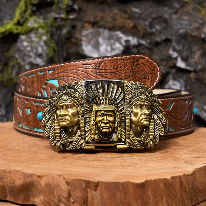 Ceinture en cuir pour homme avec tête de chef indien et briquet caché
