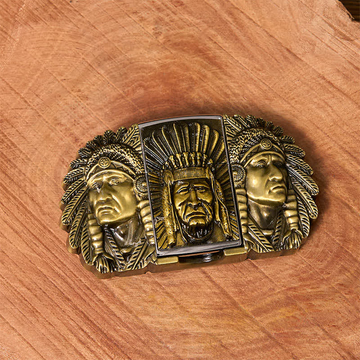 Ceinture en cuir pour homme avec tête de chef indien et briquet caché