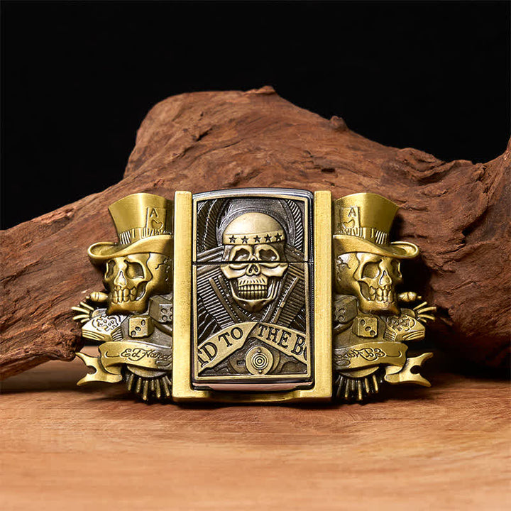 Ceinture en cuir bronze à motif triple Joker Skulls pour homme avec briquet caché
