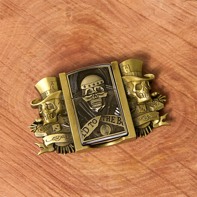 Ceinture en cuir bronze à motif triple Joker Skulls pour homme avec briquet caché