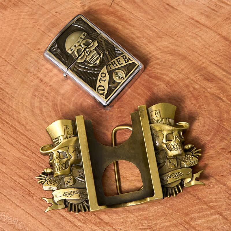 Ceinture en cuir bronze à motif triple Joker Skulls pour homme avec briquet caché