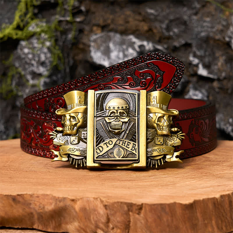 Ceinture en cuir bronze à motif triple Joker Skulls pour homme avec briquet caché