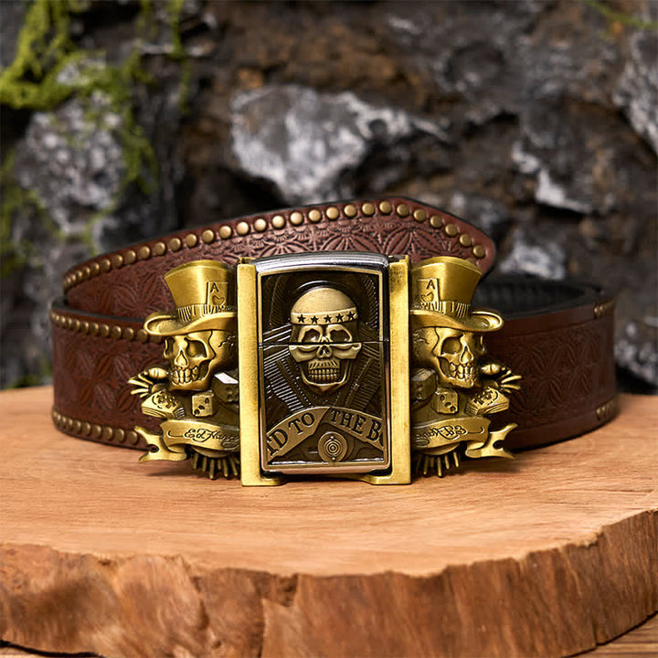 Ceinture en cuir bronze à motif triple Joker Skulls pour homme avec briquet caché