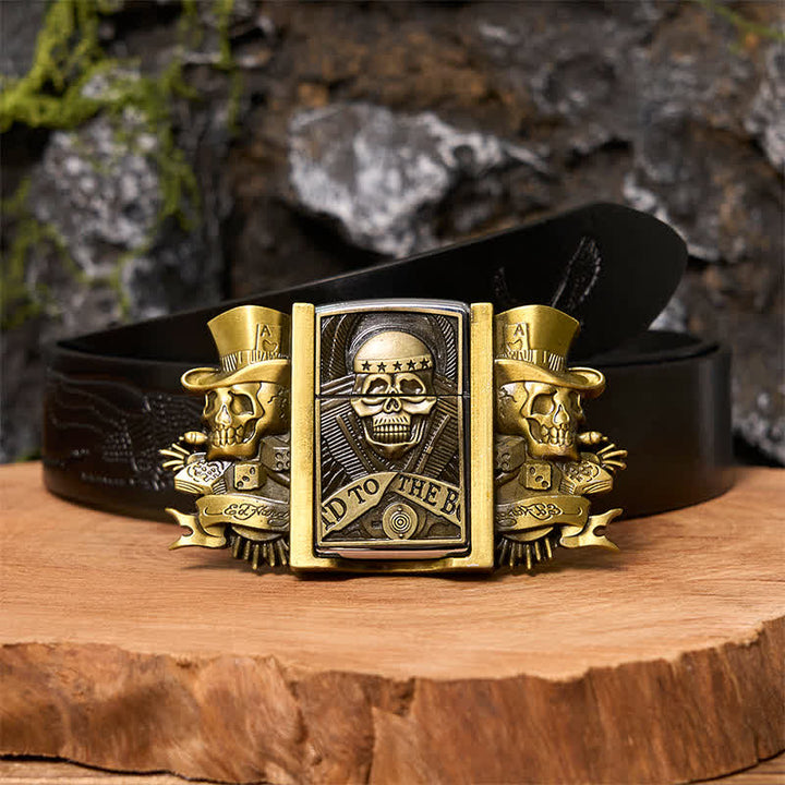 Ceinture en cuir bronze à motif triple Joker Skulls pour homme avec briquet caché