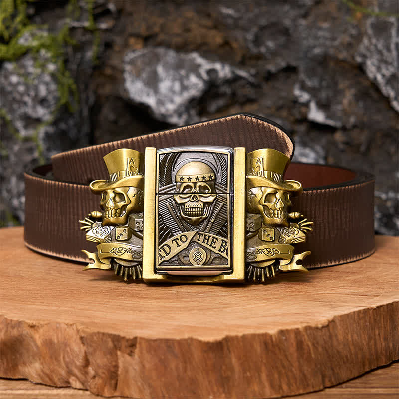 Ceinture en cuir bronze à motif triple Joker Skulls pour homme avec briquet caché
