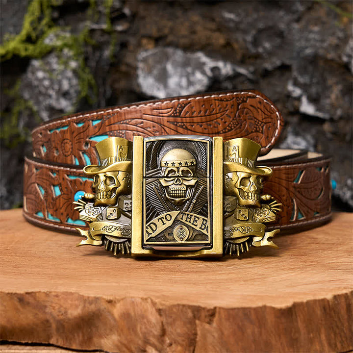 Ceinture en cuir bronze à motif triple Joker Skulls pour homme avec briquet caché