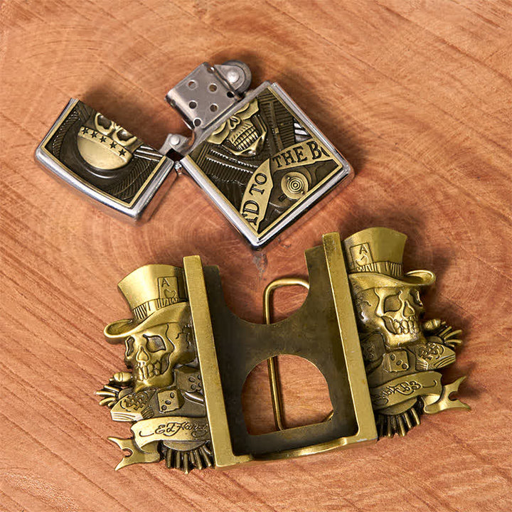 Ceinture en cuir bronze à motif triple Joker Skulls pour homme avec briquet caché