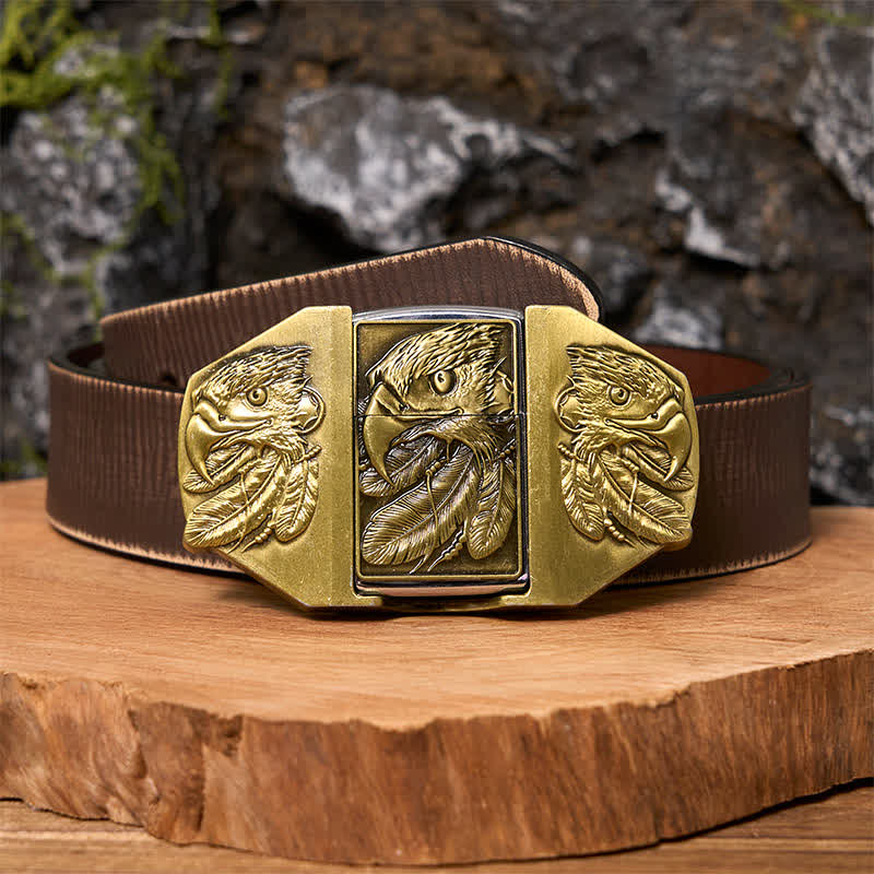 Ceinture en cuir pour homme avec triple aigle en bronze et briquet caché
