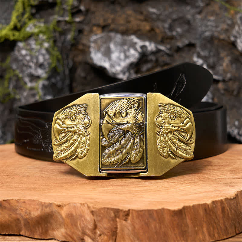 Ceinture en cuir pour homme avec triple aigle en bronze et briquet caché - Aigle - Ceinture noire avec aigle en relief - 42 - image 4