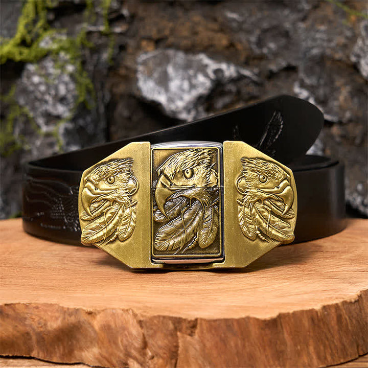 Ceinture en cuir pour homme avec triple aigle en bronze et briquet caché - Aigle - Ceinture noire avec aigle en relief - 42 - image 4